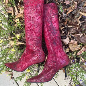 Red Faux Snake Skin Fabric Zippered Boots, Size 10  Brand - Desire
